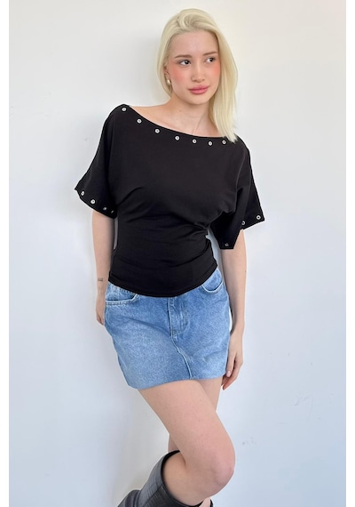 Madmext Siyah Off Shoulder Metal Detaylı Kadın Bluz Mg2671 Siyah
