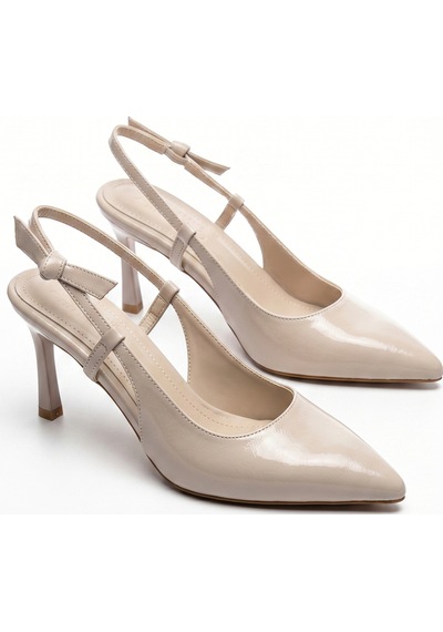 Giamgia Store Kadın Bej Stiletto Topuklu Ayakkabı Kurdeleli Bantlı Sivri Burun Abiye-2370