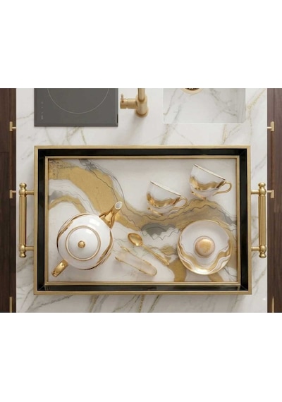 Modern Lüks Desenli Dekoratif Tepsi & Siyah Gold Çerceveli Kulplu Çay Kahve Sunum Tepsisi
