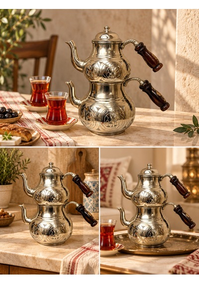 Aura Copper Ağır El İşlemeli Kalın Bakır Çaydanlık Takımı 1,2 Mm 27 Cm Gümüş Parlak/ac-cy-033