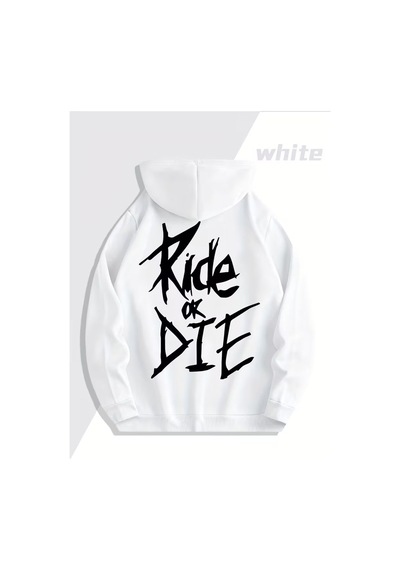 Oversize Hoodie Ride Or Die Baskılı Unisex Kapüşonlu Sweatshirt Beyaz