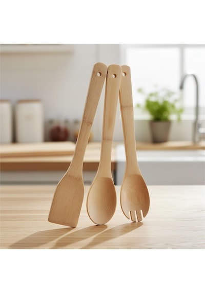 3'lü Bambu Mutfak Gereç Seti Doğal Ahşap Spatula, Kaşık Ve Servis Çatalı Yapışmaz Tencere D