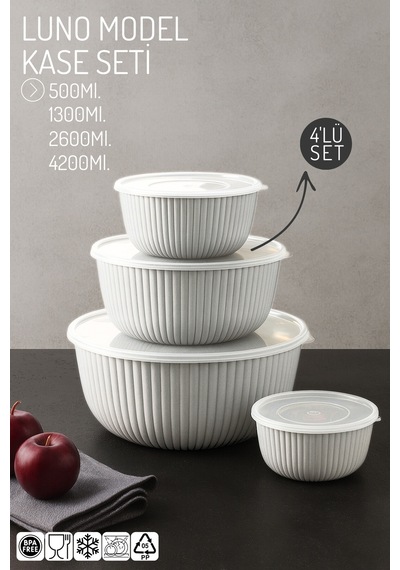 Luno Model 4 Lü Kapaklı Kase Seti 500/1300/2600/4200ml - Saklama Kabı Seti Açık Gri