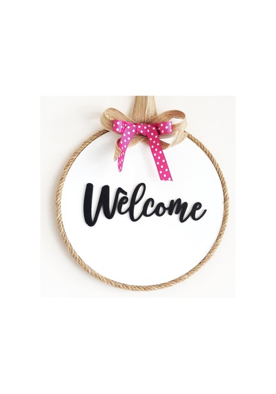 Welcome Yazılı Kurdeleli Ahşap Beyaz Kapı Süsü