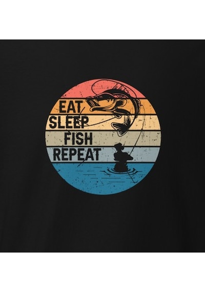 Wildstyle Retro Balık Gün Batımı Vintage Balıkçılık Deniz Baskılı Unisex Bisiklet Yaka Pamuklu Tişört Siyah