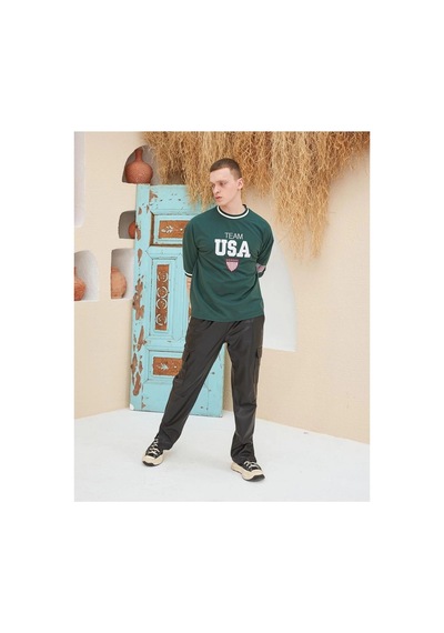 Erkek Bisiklet Yaka Tişört Nakış İşlemeli Kısa Kol Oversize T-shirt - Yeşil
