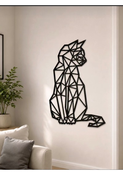 Geometrik Kedi Lazer Kesim Ahşap Tablo 6mm Mdf Duvar Aksesuarı 40X40