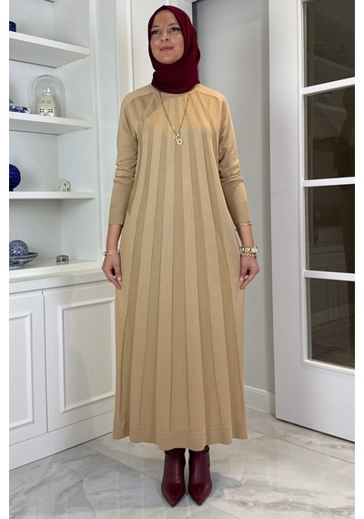 Rabia Şamlı Beyza Fitilli Triko Elbise Bej Normal