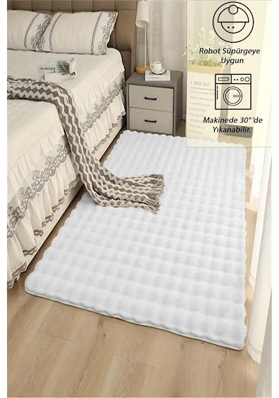 Raschel Carpet Beyaz Yumuşak Bubble Kaymaz Özel Taban Peluş Halı Yolluk