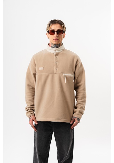 Respire Erkek Düğme Detaylı Oversize Polar Sweatshirt Bej