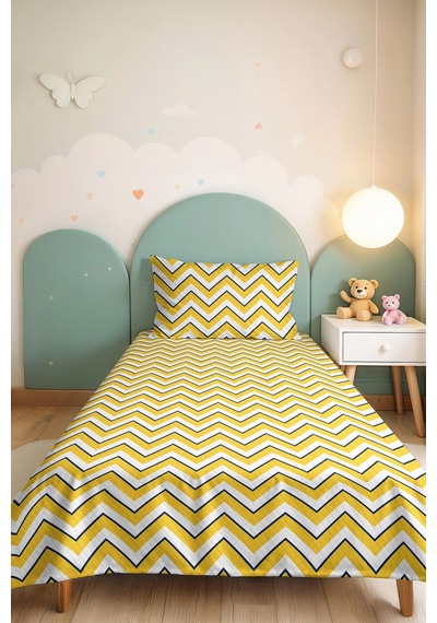 Sarı Zigzag Geometrik Genç Odası Tek Kişilik Pike Takımı - Lacivert 160x220 Cm Kapitone Yatak Örtüsü Kırmızı