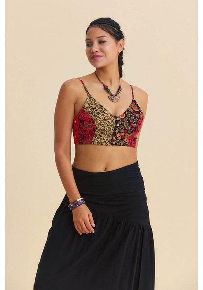 İnce Askılı Düğme Detaylı Crop Bluz Desenli