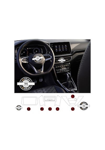 Volkswagen T-cross Uyumlu Vites Etrafı Ve Ön Göğüs Piano Black 6 Lı Set Tpu Koruyucu 2024-2025