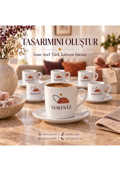 Kişiye Özel İsim Baskılı 6'lı Türk Kahvesi Fincan Seti Beyaz