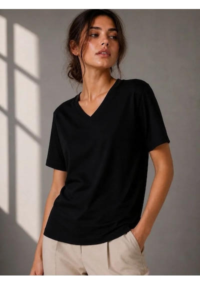 Efnaz Style V Yaka Basic Tişört Kısa Kol Yazlık Regular Fit T-shirt - Siyah