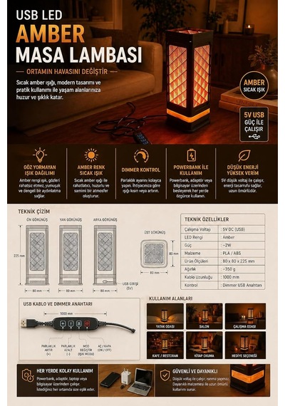 Tr Usb Led Amber Masa Lambası, Sıcak Işık, Dimmer Kontrollü, 5v Düşük Voltaj, Dekoratif Tasarım, Powerbank İle