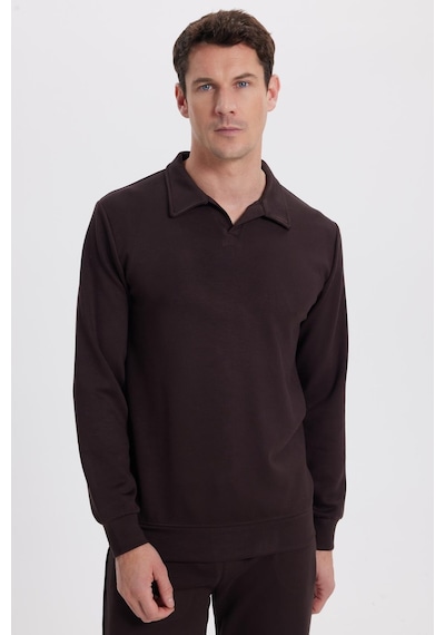 Tudors Erkek Relax Fit Rahat Kesim Polo V Yaka Kahverengi Sweatshirt-41921 Kahverengi