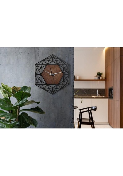 Ahşap Geometrik Desenli Altıgen Model Duvar Saati