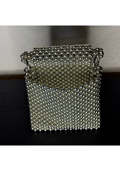 Khosia Amour El Yapımı İnci Kalp Motifli Metal Boncuk Omuz Çantası Gümüş