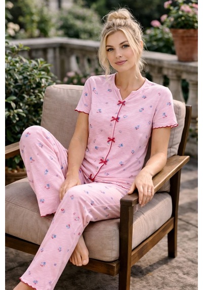 Kadın 01604 Kısa Kol Kaşkorse Pijama Takımı Pembe