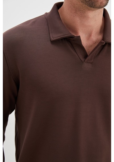 Fullamoda Basic Apaş Yaka Modal Sweatshirt Kahve