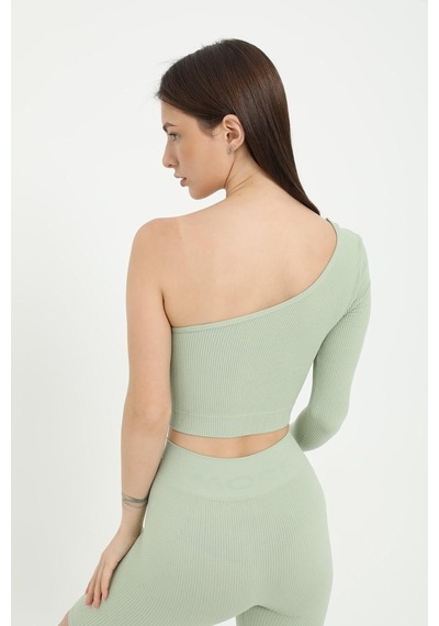 Tek Omuz Crop Top Su Yeşili -m Altın - Beyaz