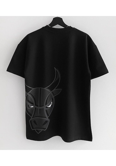 Flood Of Style Erkek Siyah Bulls Baskılı Oversize Bisiklet Yaka T-shirt