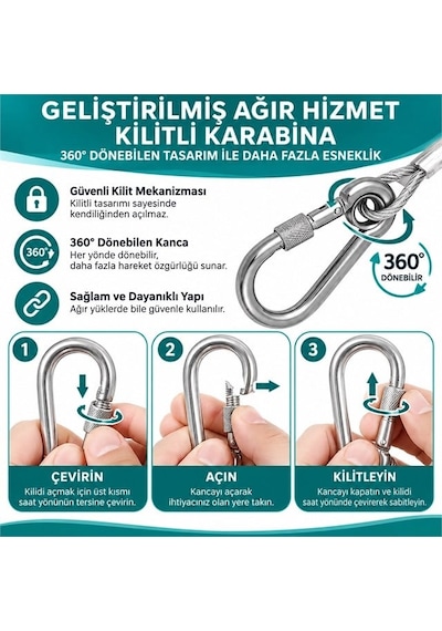 Sn-38108 10 Metre Çelik Köpek Bağlama Halatı Kilitli Karabina Pvc Kaplamalı