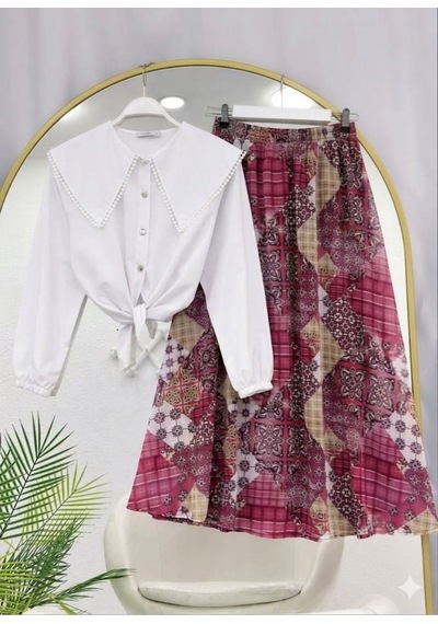 Lovie Moda Kadın Beyaz Fisto Gömlek Beli Lastikli Desenli Şifon Etek Takım - Bordo Lovie Moda Kadın Beyaz Fisto Gömlek Beli Lastikli Desenli Şifon Etek Takım - Bordo