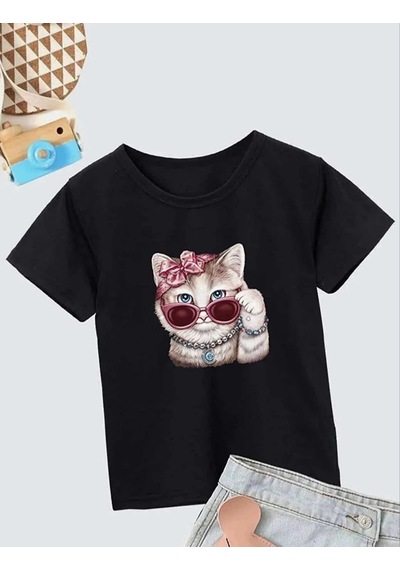 Kız Çocuk Bisiklet Yaka Baskılı T-shirt - Siyah Çok Renkli