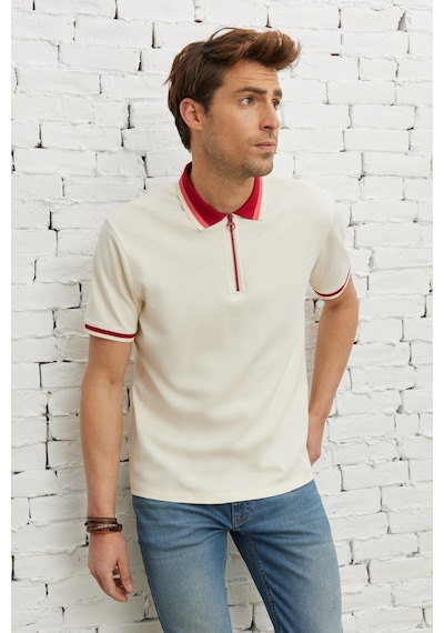 Ac&Co / Altınyıldız Classics Erkek Ekru Bordo Regular Fit Geniş Kesim Polo Yaka Tişört Ekru - Bordo