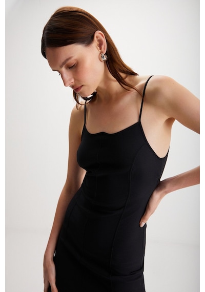 Ethıquet Manuela Kadın Kalın Dokuma Interlok Kumaşlı Vücüdü Saran Bodycon Kalp Yaka Siyah Elbise