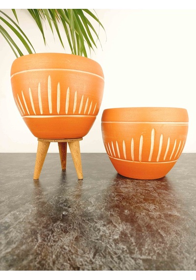 BİTKİ TASARIMI EV DEKORASYON DİK ÇİZGİ DESENLİ TERRAKOTA TOPRAK SAKSI SAKSILIK SALON ÇİÇEKLİK İKİLİ SET AYAKSIZ - 3 AYAKLI- 15 CM