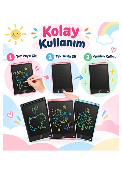 20 İnç Lcd Yazı Ve Çizim Tableti Renkli Ekranlı Tek Tuşla Silme Kalemli Çocuk Not Ve