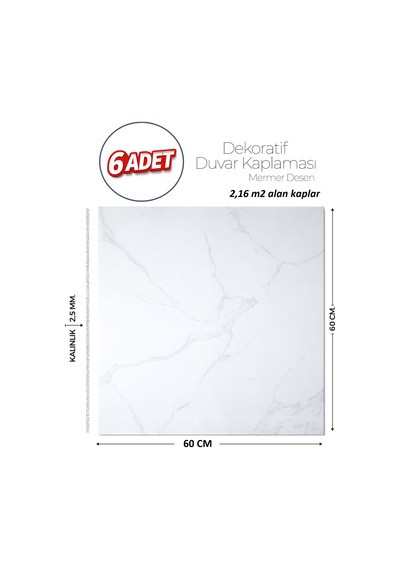 60x60 Cm Kendinden Yapışkanlı Duvar,banyo,tezgah Arası Beyazmermer-6 Adet 1015-60-6