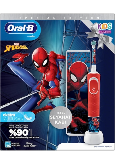 Oral-B D100 Vitality Spiderman Özel Seri Çocuklar İçin Ekstra Yumuşak Şarj Edilebilir Diş Fırçası + Seyahat Kabı