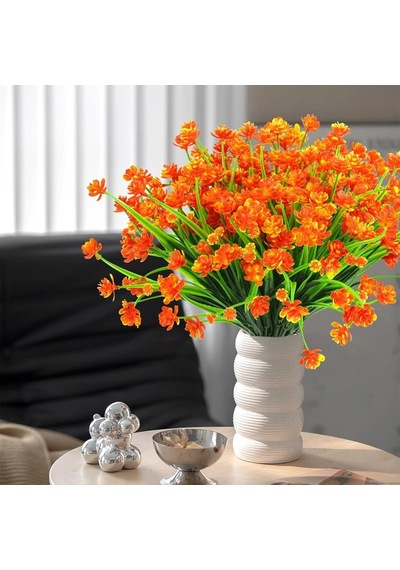 6lı Set Yapay Çiçek Sazlı Lotus Turuncu Renk 7 Dal Plastik 30cm