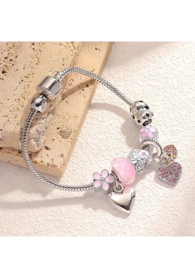 Yeni Tarz, Pembe Kalp Sade Şık Crystal Aşk , Sevgi Charmlı Bileklik, Ahşap Kutu İçerisinde Gümüş Gümüş