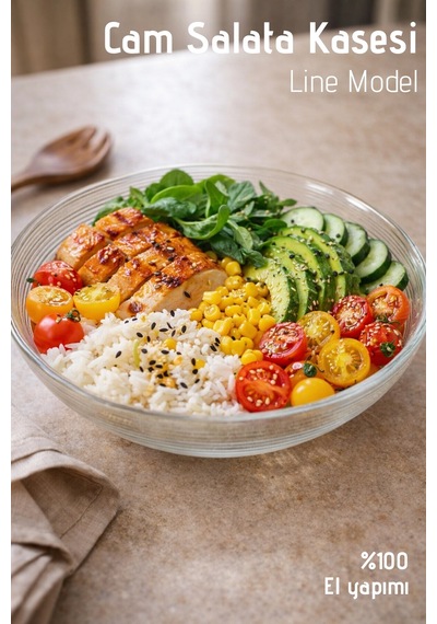 El Yapımı Cam, 19cm Line Model Kase - Bowl Kasesi - Salata Kasesi Şeffaf