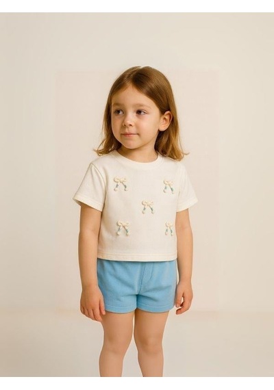 Nk Kids Kız Çocuk Fiyonk İşlemeli Pamuklu T-shirt-15965 Ekru Mavi