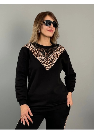 Defymoda Kadın Üç Iplik Kumaş Leopar Desenli Dantel Detaylı Ikili Takım Siyah