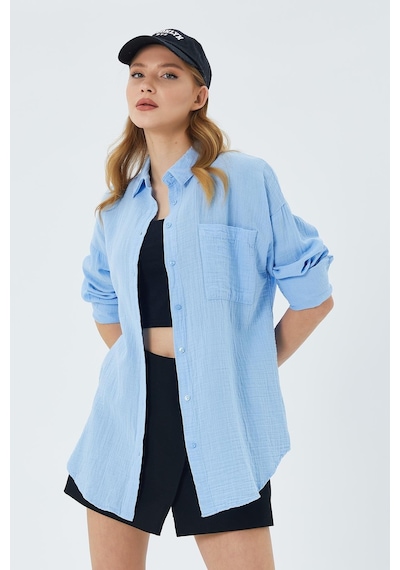 Mixray 3833 Kadın Oversize Cepli Müslin Gömlek Bebe Mavi