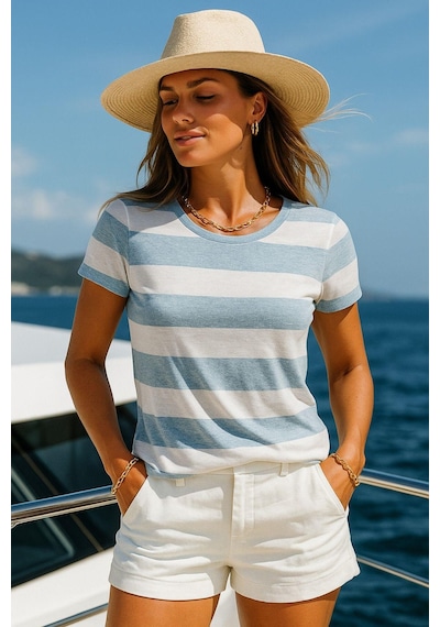 Kadın Mavi Beyaz Çizgili %100 Pamuk Bisiklet Yaka Tişört - Rahat Kesim Kısa Kollu Basic T-shirt Çok Renkli