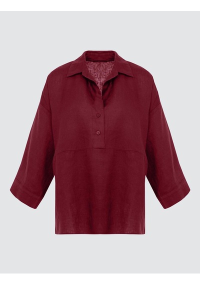 Jimmy Key Jimmy Key Bordo %100 Keten Rahat Kesim Truvakar Kol Gömlek Yaka Bluz 6sw036632562