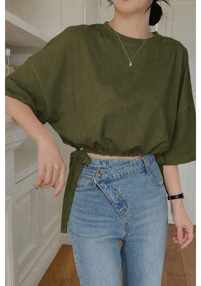 Kadın Oversize Basic Haki Tişört Yan Bağlamalı Rahat Kesim Günlük Yazlık T-shirt