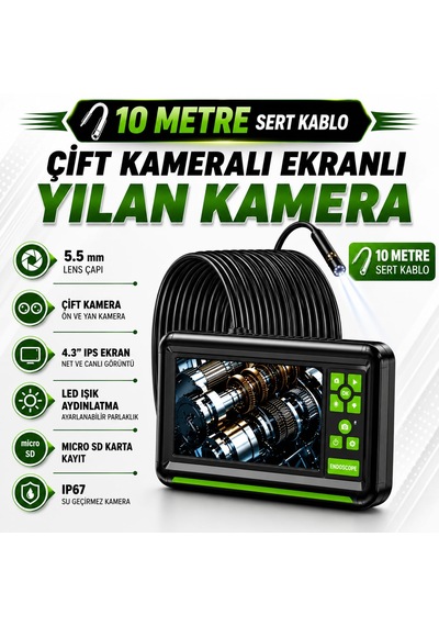10 Metre Çift Lens Ekranlı Yılan Kamera 5.5mm Lens Sert Kablo