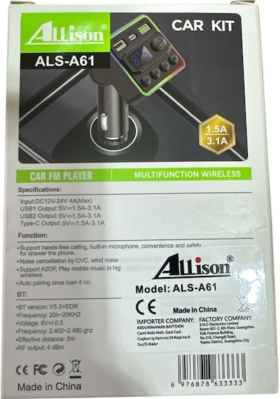 Allison Als-a61 Bluetooth Araç Fm Transmitter Type-c & Çift Usb Şarjlı, Rgb Işıklı Mp3 Çalar