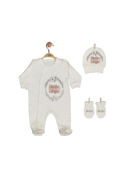 Pia Baby Gl 1908-01 İsme Özel Üçlü Tulum Set Krem