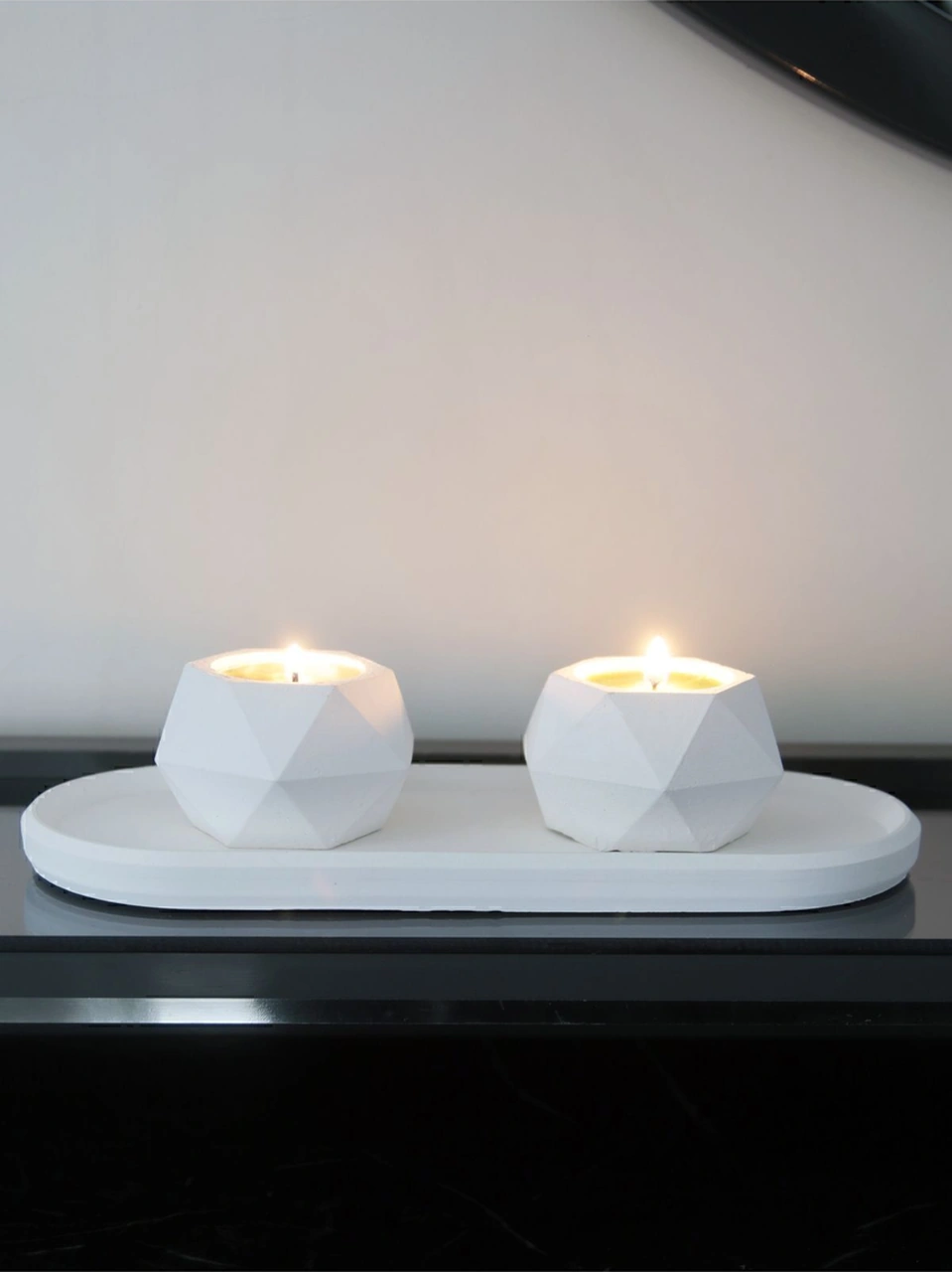 Geometrik Tealight Beton Mumluk, Oval Tabaklı Dekoratif Hediyelik Set Ham Beyaz Beyaz