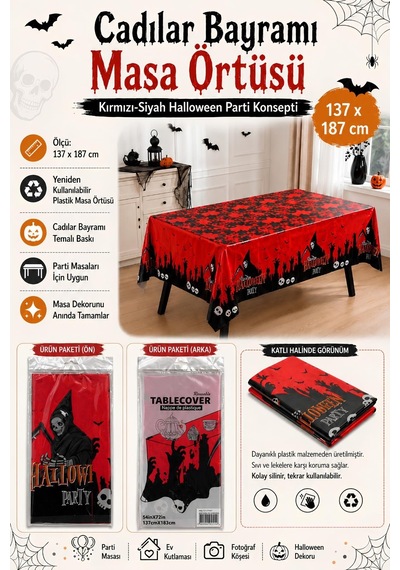 Halloween Cadılar Bayramı Kırmızı Siyah Masa Örtüsü 137 X 187 Cm Tüm Yaşlar